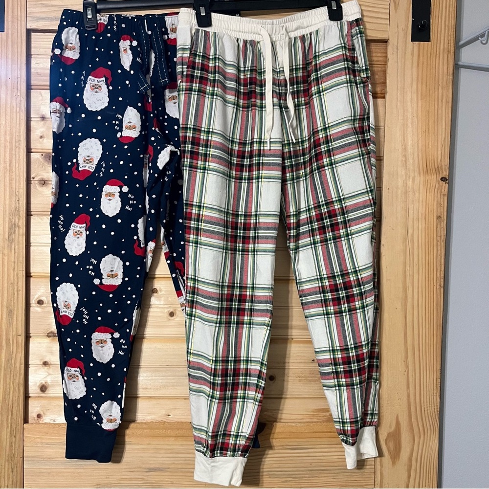 Old Navy Santa Print and Secret Treasures Plaid Pajama Pants - Navy and Cream
